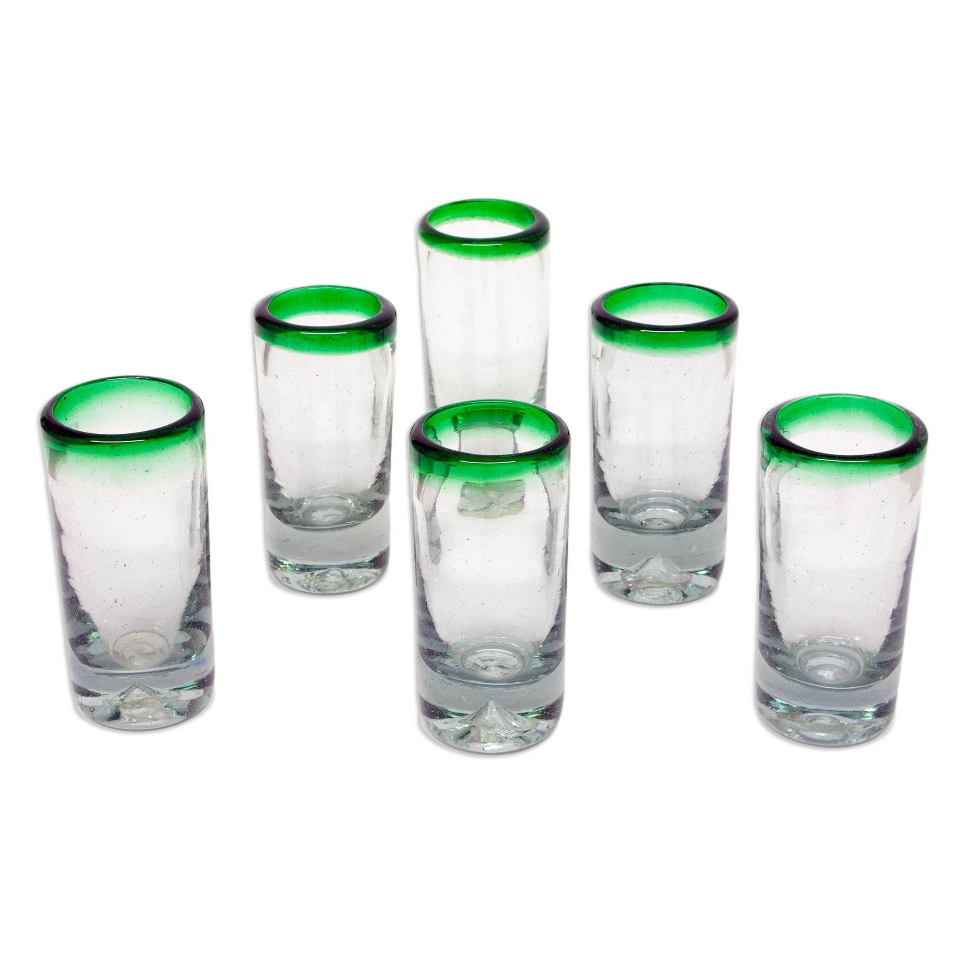 Hand Blown Shot Glasses Set of 6 Clear with Green Rim Mexico Green