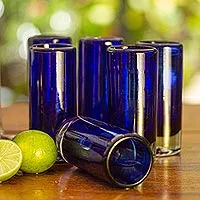 Vasos de chupito de vidrio soplado, 'Pure Cobalt' (juego de 6) - Set of 6 Blue Hand Blown Mexican Tequila Shot Glasses