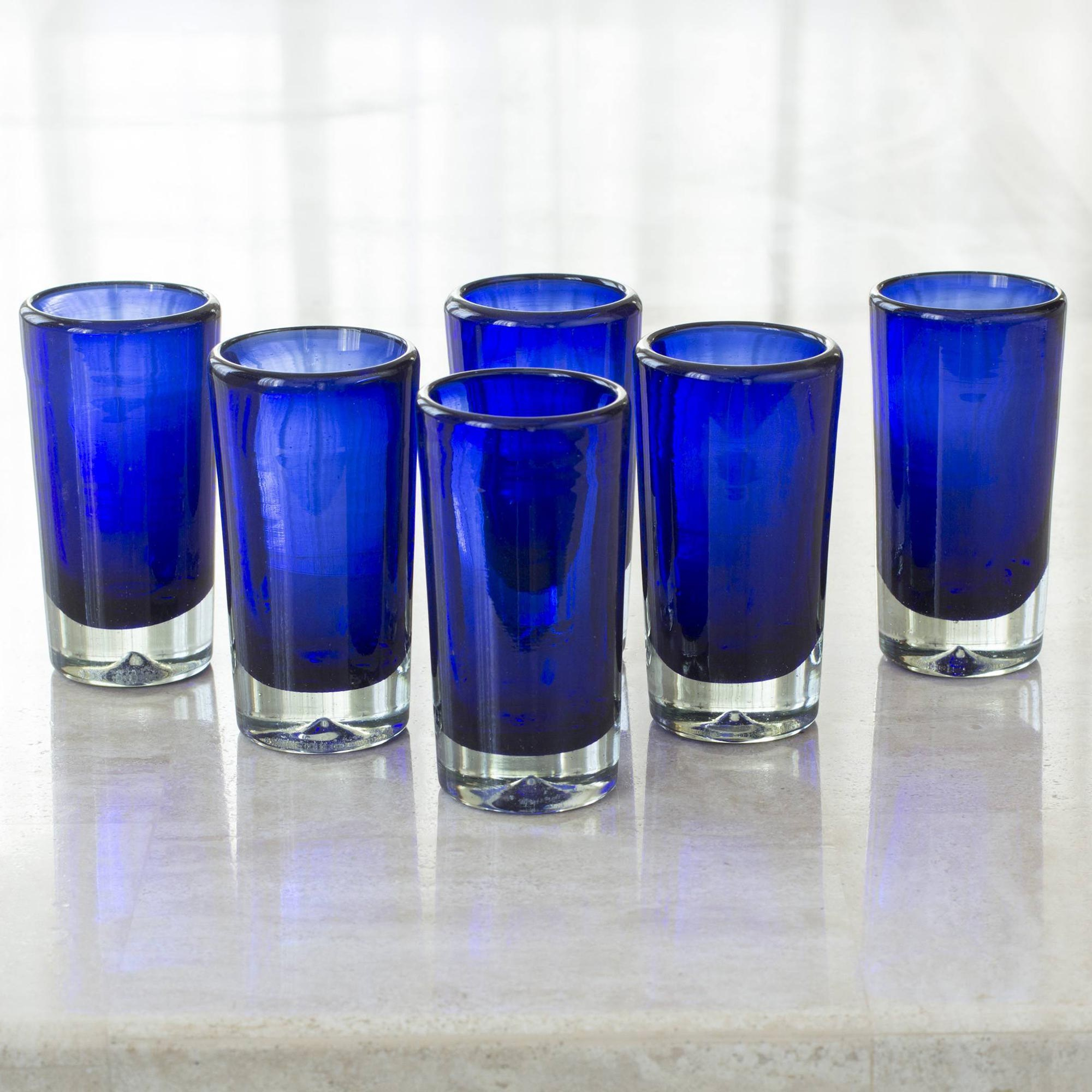 Set Of 6 Blue Hand Blown Mexican Tequila Shot Glasses Pure Cobalt Novica