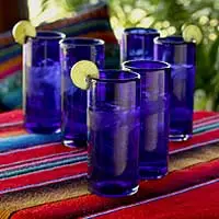 Blown glass highball glasses, 'Pure Cobalt' (set of 6) - Blue Handblown Glass Cocktail Drinkware (Set of 6)