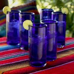 Blown glass highball glasses, 'Pure Cobalt' (set of 6) - Blue Handblown Glass Cocktail Drinkware (Set of 6)