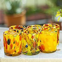 Handblown tumblers, 'Liquid Confetti' (set of 6) - Unique Handblown Recycled Glass Juice Drinkware from Mexico