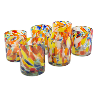 Tumblers, 'Liquid Confetti' (set of 6) - Unique Handblown Recycled Glass Juice Drinkware from Mexico