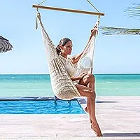 Cotton hammock swing chair, 'Deserted Beach' - Unique Mexican Ivory Cotton Swing Hammock