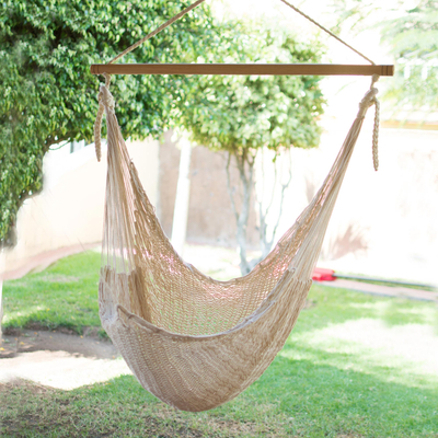 Cotton hammock swing chair, 'Deserted Beach' - Unique Mexican Ivory Cotton Swing Hammock
