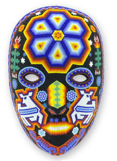 Beadwork mask, 'Shaman Deer' - Authentic Huichol Multicolor Beadwork Mask