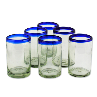 Blown glass juice glasses, 'Cobalt Classics' (set of 6) - Six Fair Trade Handblown Recycled Juice Glasses Drinkware