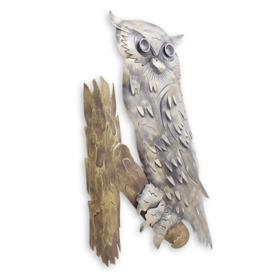 Iron wall adornment, 'Curious Owl' - Unique Steel Bird Wall Art