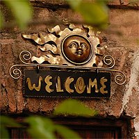 Iron welcome sign, 'Peaceful Welcome' - Handcrafted Sun and Moon Steel Welcome Sign Outdoor Living