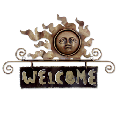 Iron welcome sign, 'Peaceful Welcome' - Handcrafted Sun and Moon Steel Welcome Sign Outdoor Living