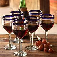 Wine goblets, 'Cobalt Classic' (set of 6) - Handblown Glass Recycled Wine Drinkware Goblets (Set of 6)