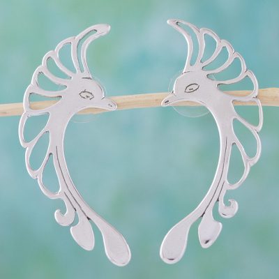 Sterling silver drop earrings, 'Hummingbird' - Collectible Modern Sterling Silver Bird Earrings