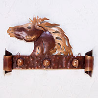 Iron coat rack, 'Horse of Gold' - Steel Horse Coat and Key Holder