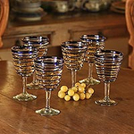 Handblown Recycled Glass Six Striped Blue Wine Glasses, 'Cobalt Spirals'