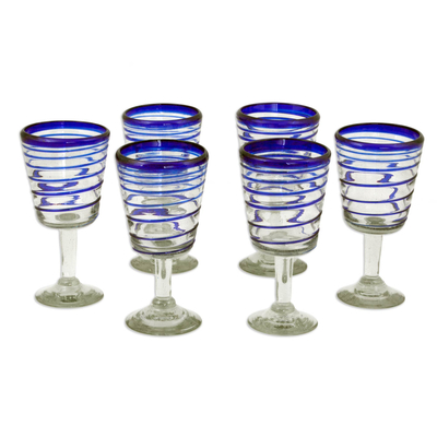 Wine glasses, 'Cobalt Spirals' (set of 6) - Handblown Recycled Glass Six Striped Blue Wine Glasses