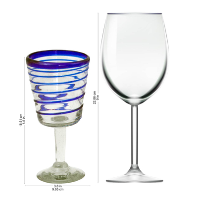 Copas de vino, (juego de 6) - Vidrio reciclado soplado a mano seis copas de vino azul a rayas