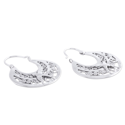 Sterling silver hoop earrings, 'Peaceful Doves' - Unique Animal Themed Vintage Style Silver Bird Hoop Earrings