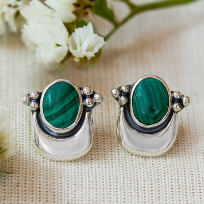 Malachite button earrings, 'Healing Crescent' - Fair Trade Sterling Silver and Malachite Earrings