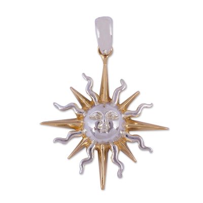 Gold accented sterling silver pendant, 'Brilliant Sunbeams' - Hand Made Sun and Moon Gold Accent Pendant