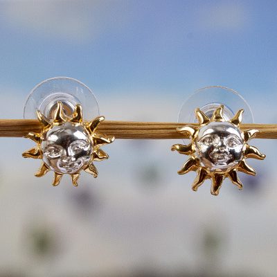 Gold accented sterling silver button earrings, 'Jolly Sun' - Gold Accent Sterling Silver Sunshine Earrings