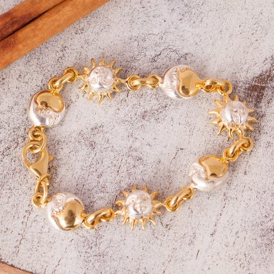 Gold plated bracelet, 'Celestial Dance' - Hand Crafted Sun and Moon Gold Accent Silver Bracelet