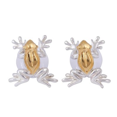 Gold plated button earrings, 'Rain Frogs' - Gold Accent Frog Earrings