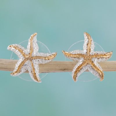 Gold accented button earrings, 'Treasures of the Sea' - Handmade Gold Accent Starfish Button Earrings