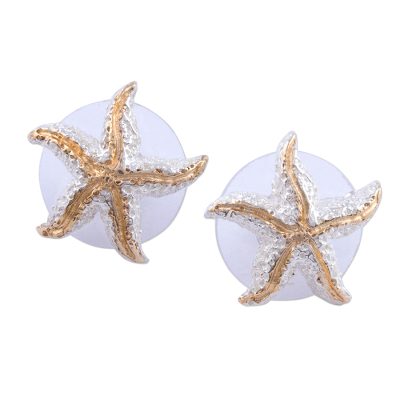 Gold accented button earrings, 'Treasures of the Sea' - Handmade Gold Accent Starfish Button Earrings