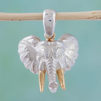 Gold plated pendant, 'Mighty Elephant' - Mexican Gold Accent Elephant Pendant
