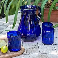 Handblown glass pitcher, 'Pure Cobalt' - Blue Handcrafted Handblown Recycled Glass Pitcher