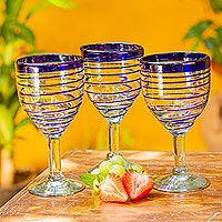 Hand Blown Blue Accent Wine Glasses Set of 6 Mexico,'Tall Cobalt Spiral'