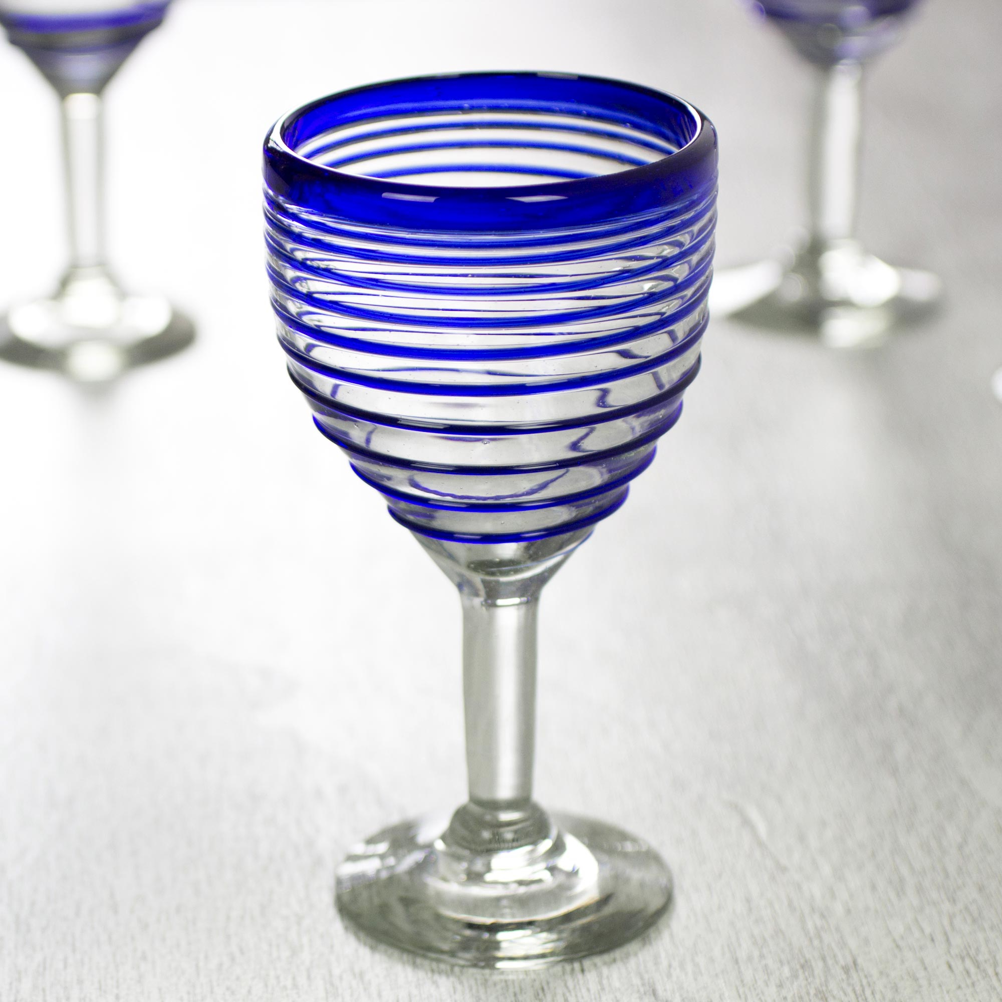 Unicef Market Hand Blown Blue Accent Wine Glasses Set Of 6 Mexico Tall Cobalt Spiral