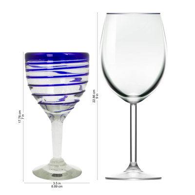 Wine glasses, 'Tall Cobalt Spiral' (set of 6) - Hand Blown Blue Accent Wine Glasses Set of 6 Mexico