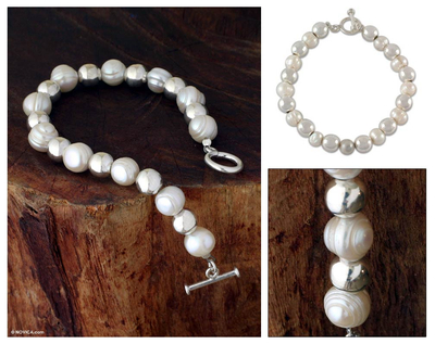 Pearl beaded bracelet, 'Silver Moon Cascade' - Pearl beaded bracelet