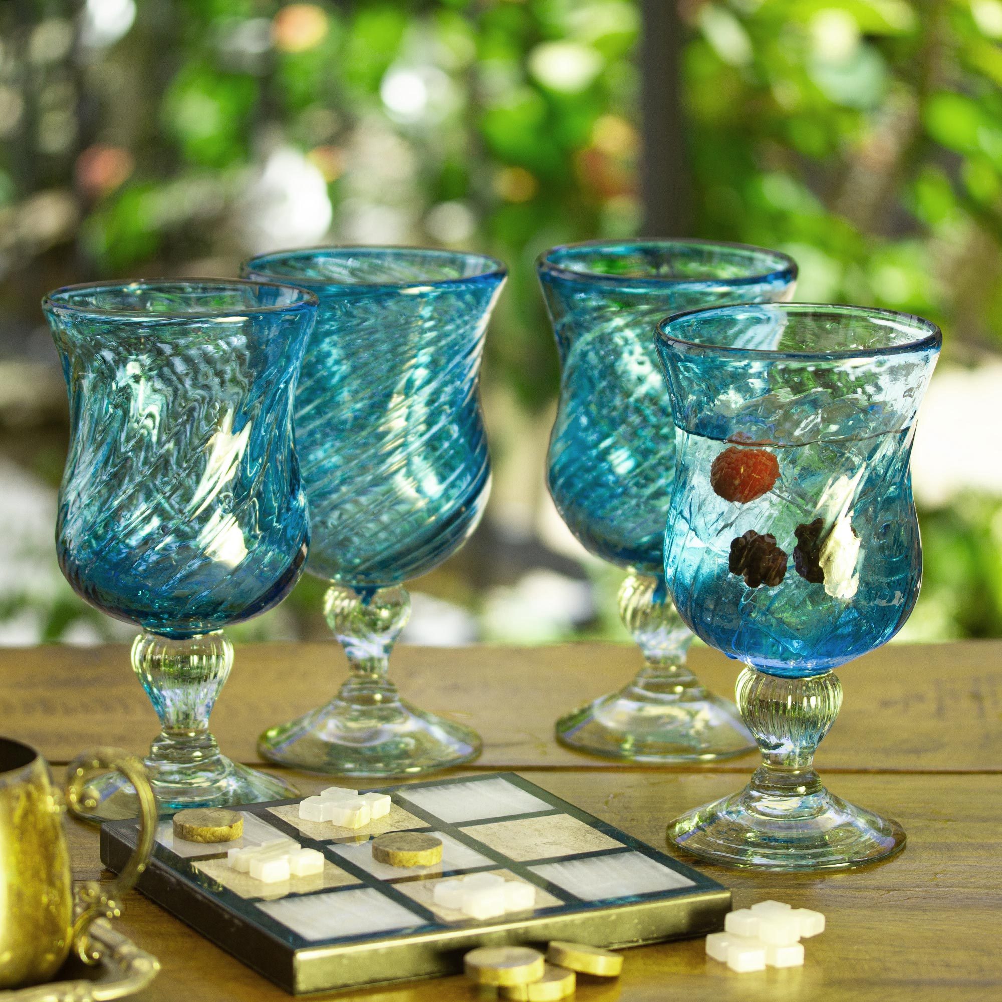 Handmade Handblown Recycled Glass Cocktail Goblets Set of 4 Caribbean