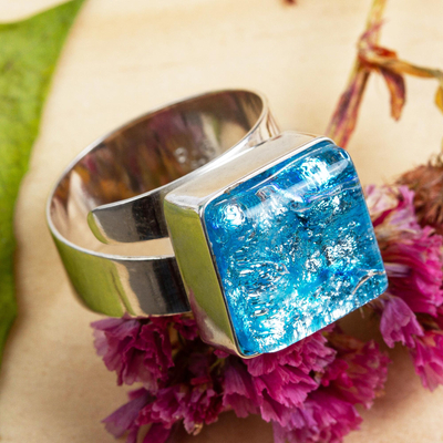 Dichroic art glass cocktail ring, 'Blue Sea' - Modern Blue Dichroic Art Glass and Sterling Silver Ring