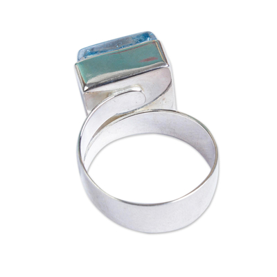 Dichroic art glass cocktail ring, 'Blue Sea' - Modern Blue Dichroic Art Glass and Sterling Silver Ring