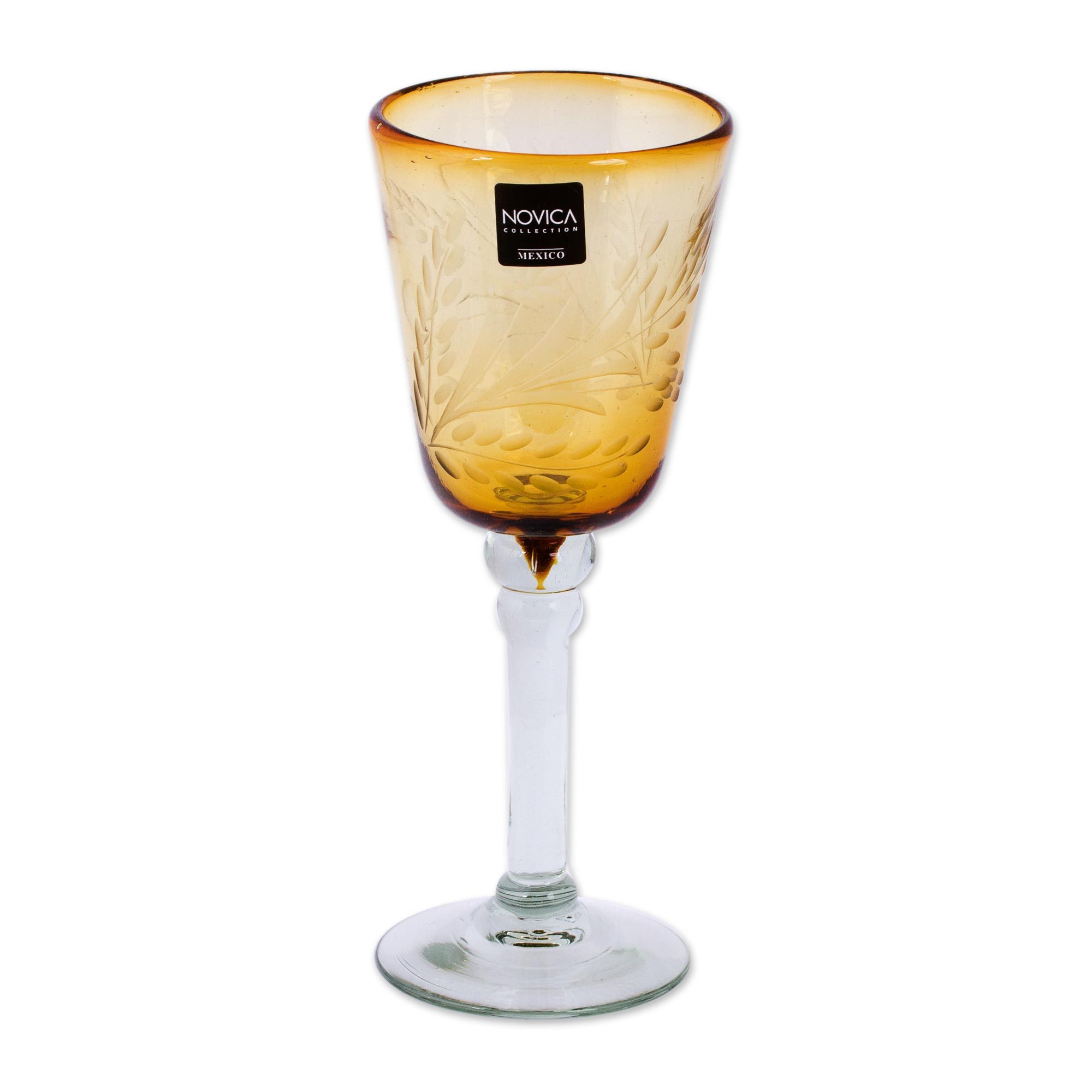 Hand Blown Wine Glasses Set of 4 Etched Stemware Mexico Amber Flowers