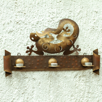 Iron wall sconce, 'Happy Gecko' - Handcrafted  Steel Lizard Wall Sconce Candleholder