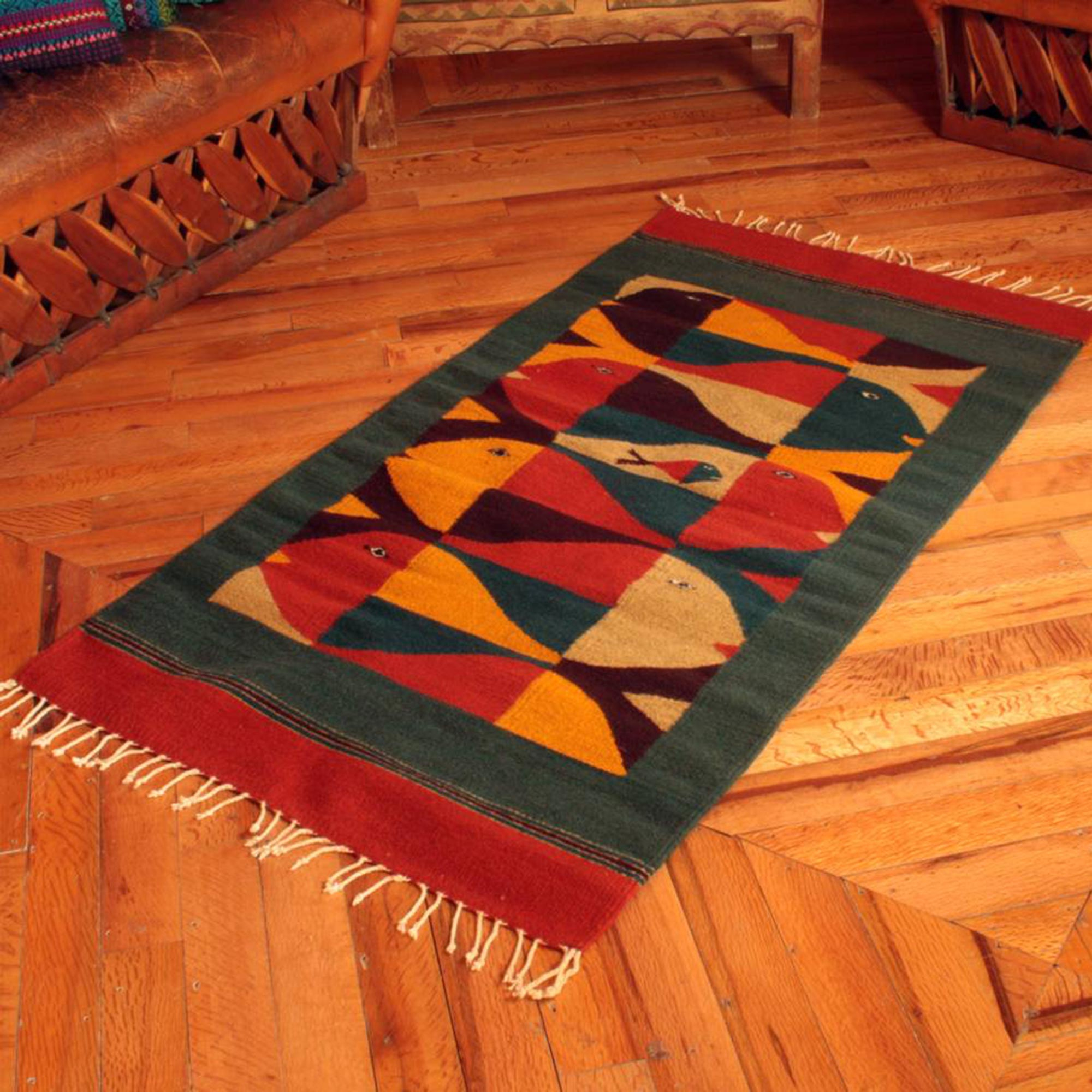 NOVICA Red Geometric Zapotec Wool Area Rug 2.5' X 5' 'Red Mexican Chrysanthemum' 