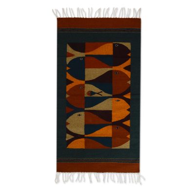 Zapotec wool rug, 'Fish Stories' (2.5x5) - Zapotec wool rug (2.5x5)