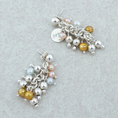 Pearl cluster earrings, 'Pearls Dance in the Aztec Sun' - Pearl cluster earrings