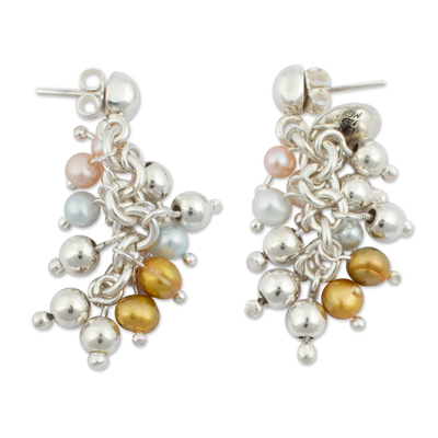 Pearl cluster earrings, 'Pearls Dance in the Aztec Sun' - Pearl cluster earrings