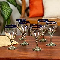 Wine goblets, 'Acapulco' (set of 6) - Handblown Recycled Glass Blue-Trimmed Cocktail Set