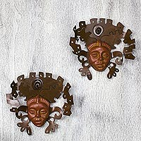 Iron and ceramic wall adornment, 'Aztec Masks' (pair) - Hand Crafted Archaeological Ceramic Mask Set (Pair)