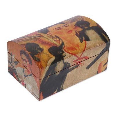 Decoupage chest, 'Frida Kahlo and Friends' - Frida Multicolor Wood Decorative Box