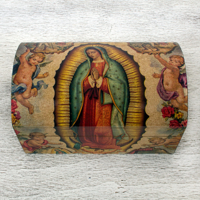 Decoupage-Truhe, „Jungfrau von Guadalupe“. - Handgefertigte katholische Decoupage-Holztruhe