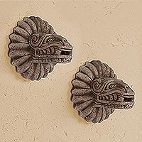 Ceramic wall adornments, 'Feathers and Fangs' (pair)