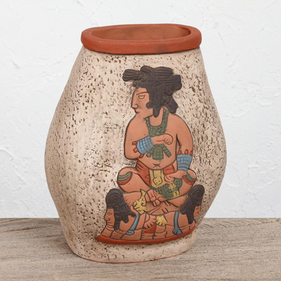 Ceramic vase, 'Maya King of Palenque' - Mexican Archaeological Ceramic Vase Crafted by Hand