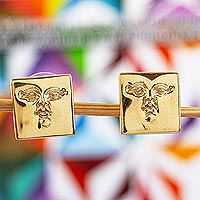 Gold plated button earrings,'Golden Mask'